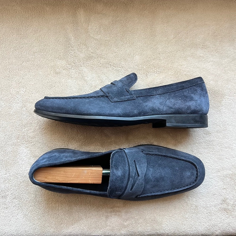 Tod's Men 8 Navy Blue Suede Penny Loafers Italian Designer Slip On‎ Old Money
